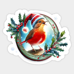 A red bird in a Christmas hat singing on a branch inside a festive winter frame of mistletoe and winter berries and snow flakes Sticker